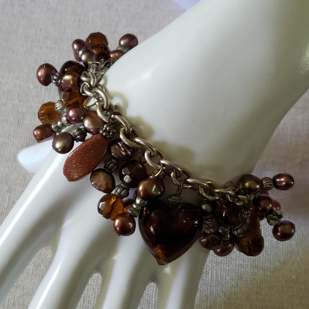 Cha Cha 60`s Vintage Toggle Bracelet With Glass Beads Metallic Charms